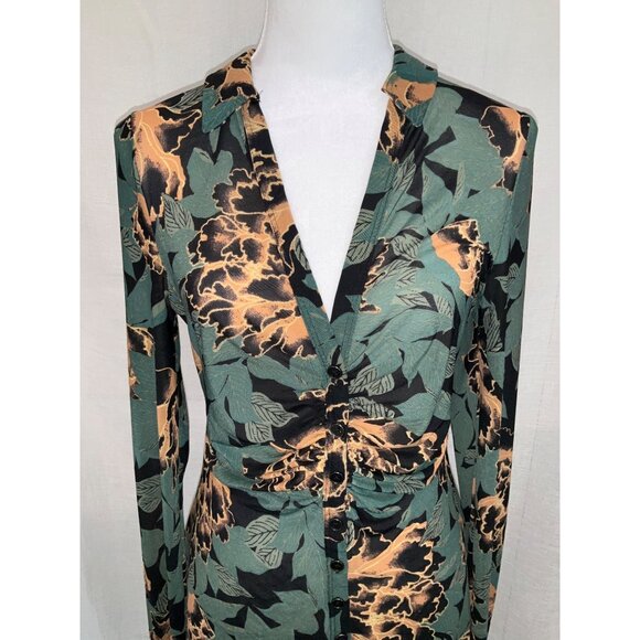 Free People Green & Orange Floral Print Button-Down Blouse - Medium - Picture 3 of 6
